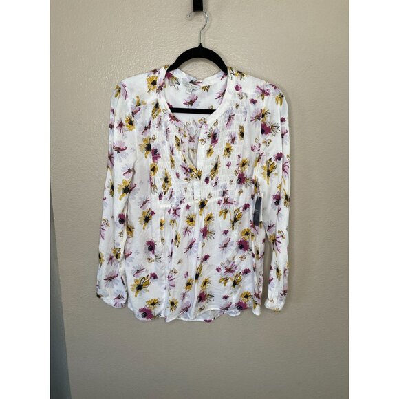 NWT Lucky Brand Womens Cream Floral Long Sleeve Blouse M viscose v-neck - Picture 1 of 8